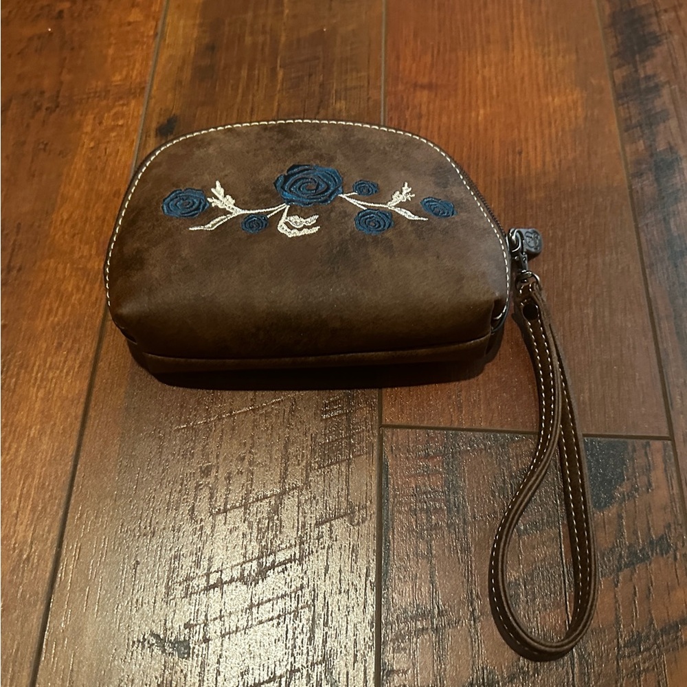 Brown Embroidered Wristlet